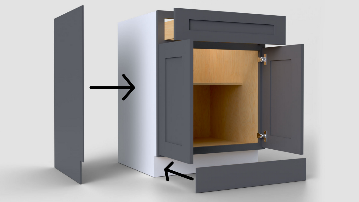 black cabinet with open doors on a white background