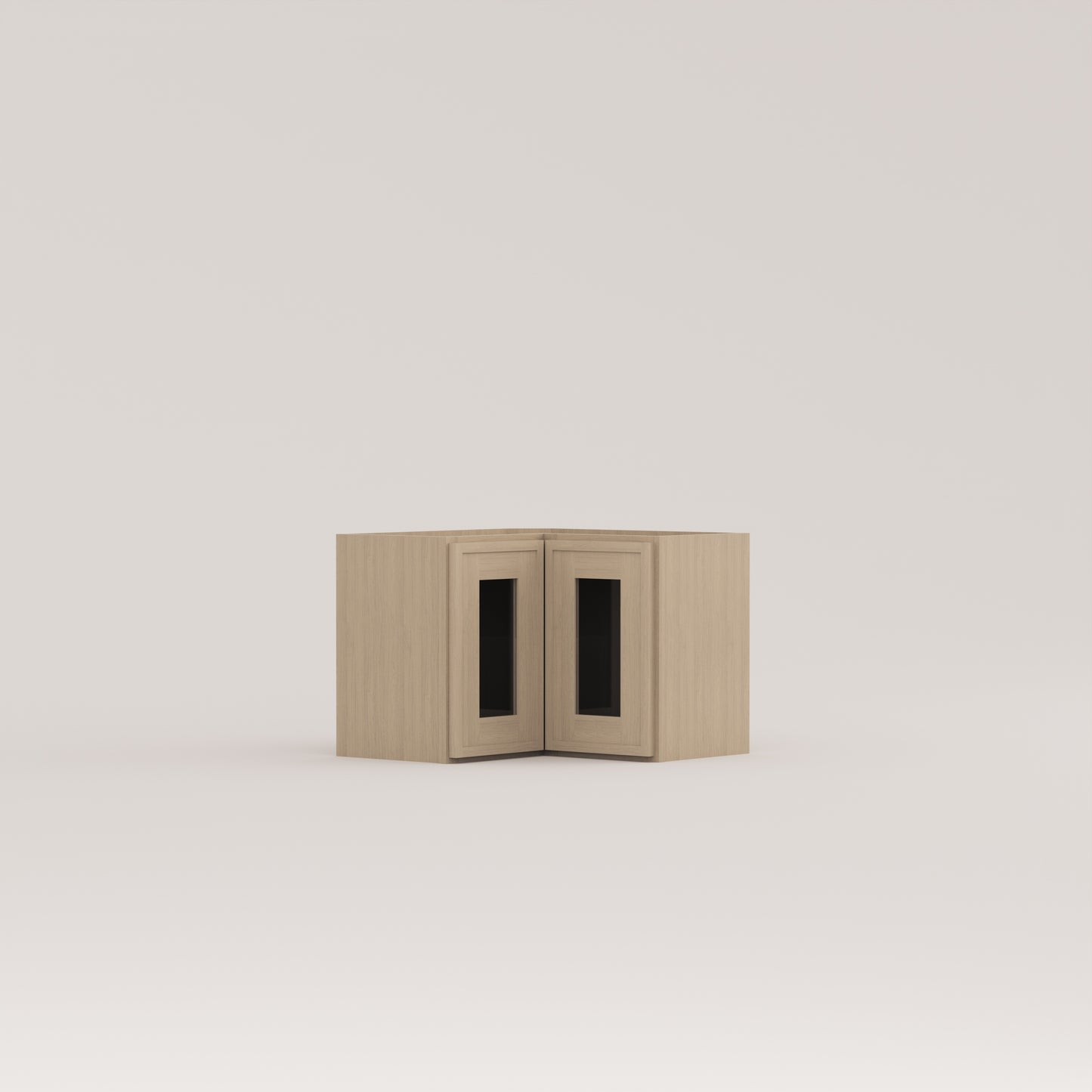 Slim Frame Shaker Easy Reach Corner Wall Cabinet rift cut white oak glass door