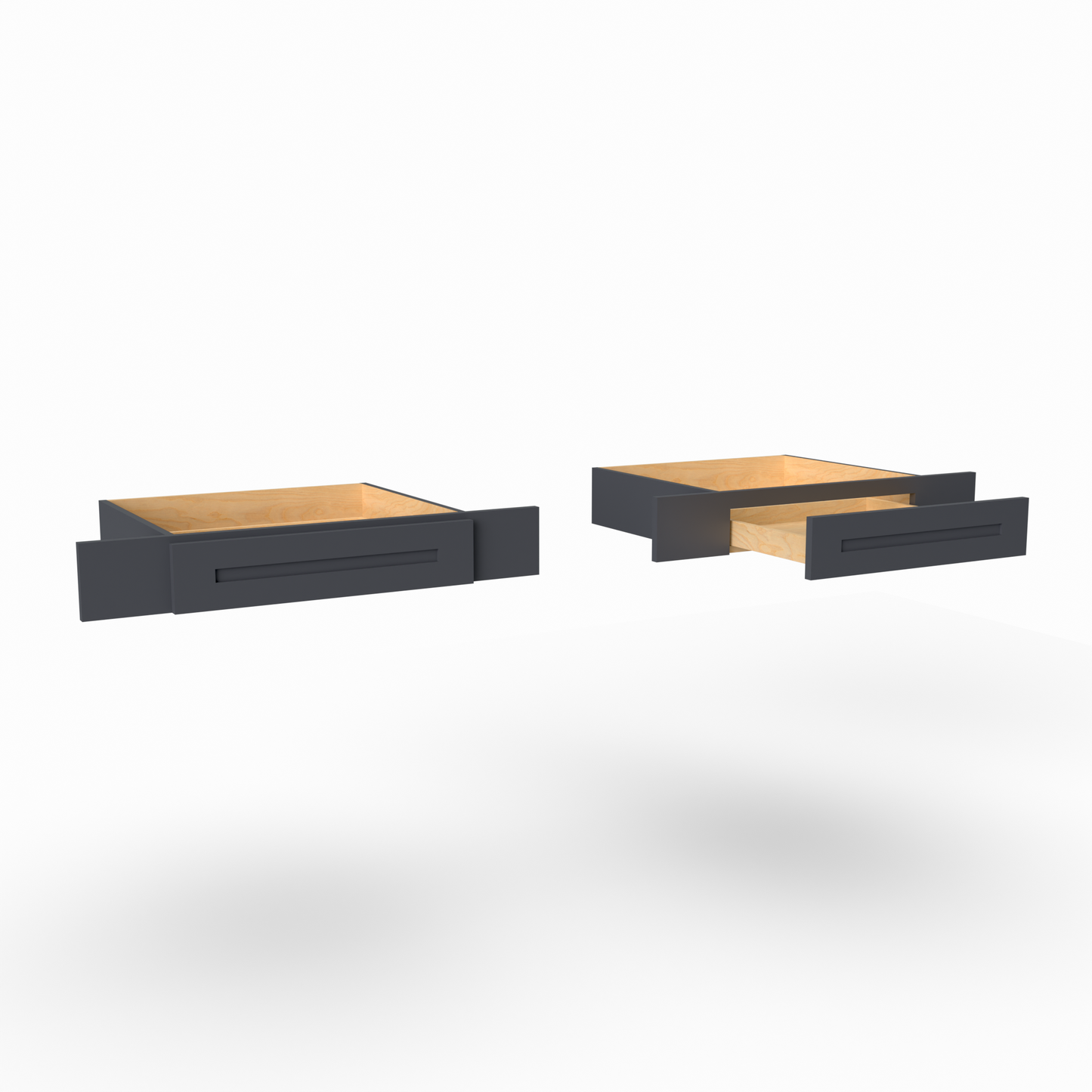 Two black drawers with wooden tops on a white background vanity knee drawer 