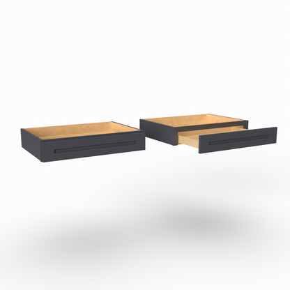 Two black drawers with wooden tops on a white background vanity knee drawer 