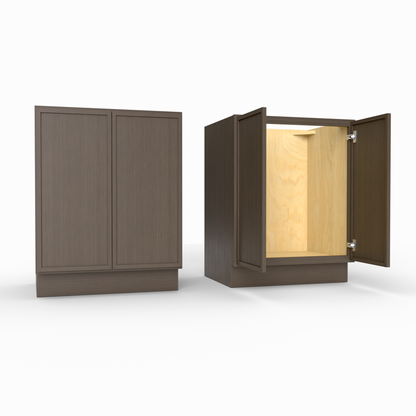 Brown cabinet with open door revealing wooden interior on a white background