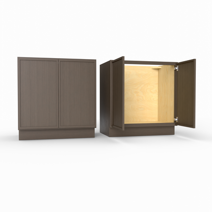 Wooden cabinet with one door open, revealing a light interior on a white background