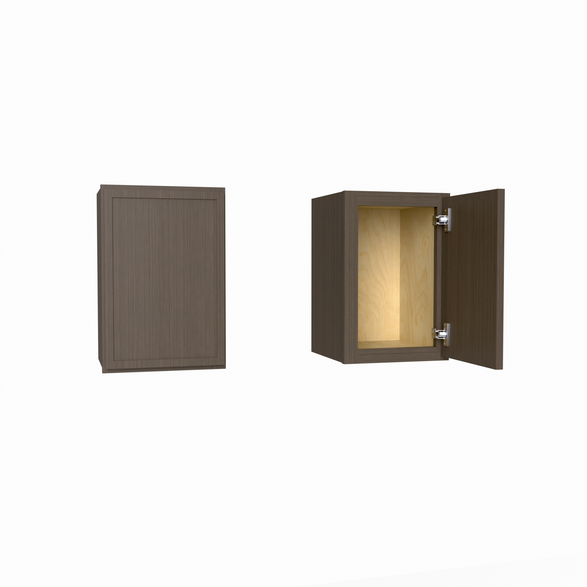 Brown cabinet with one door open on a white background