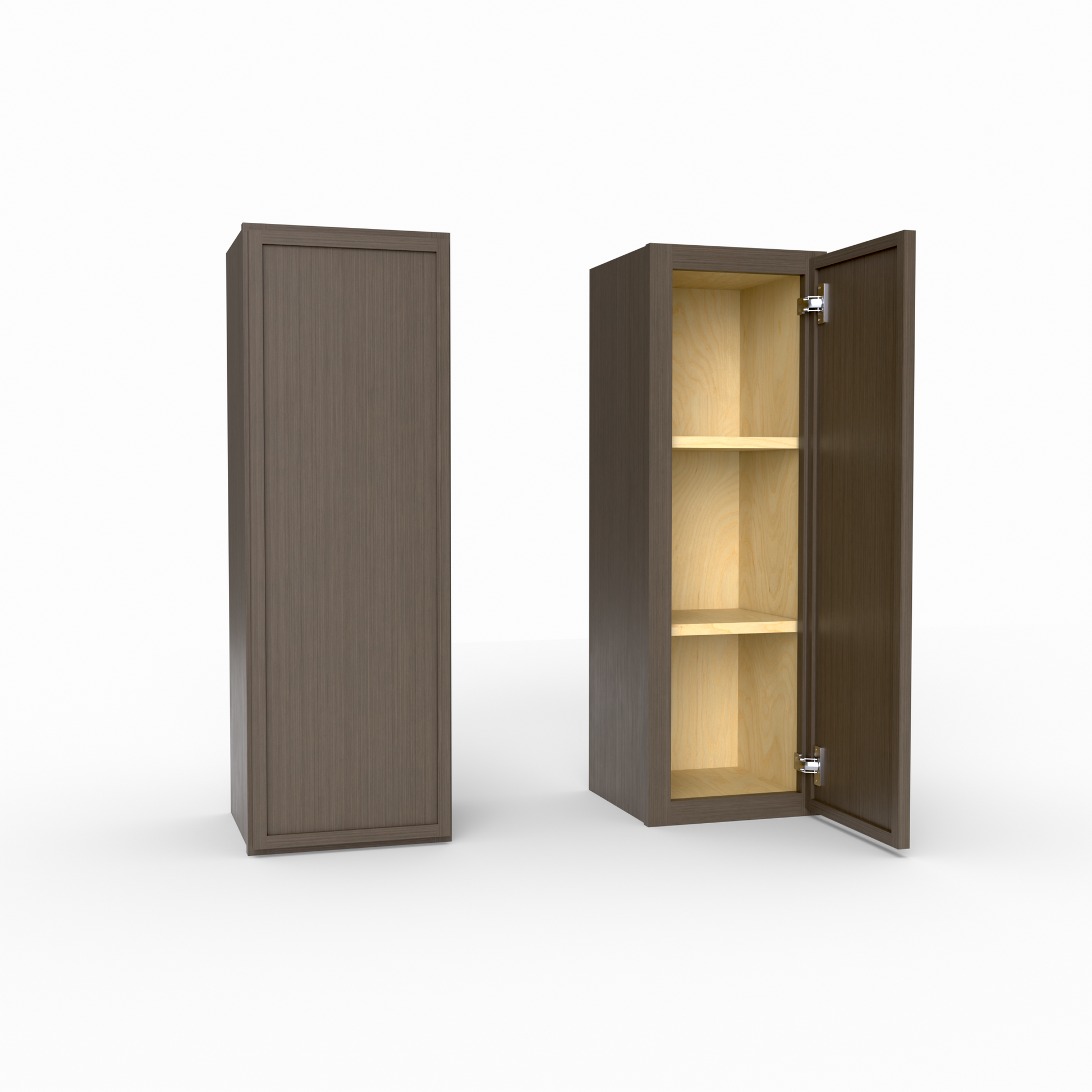 Brown cabinet with one door open on a white background