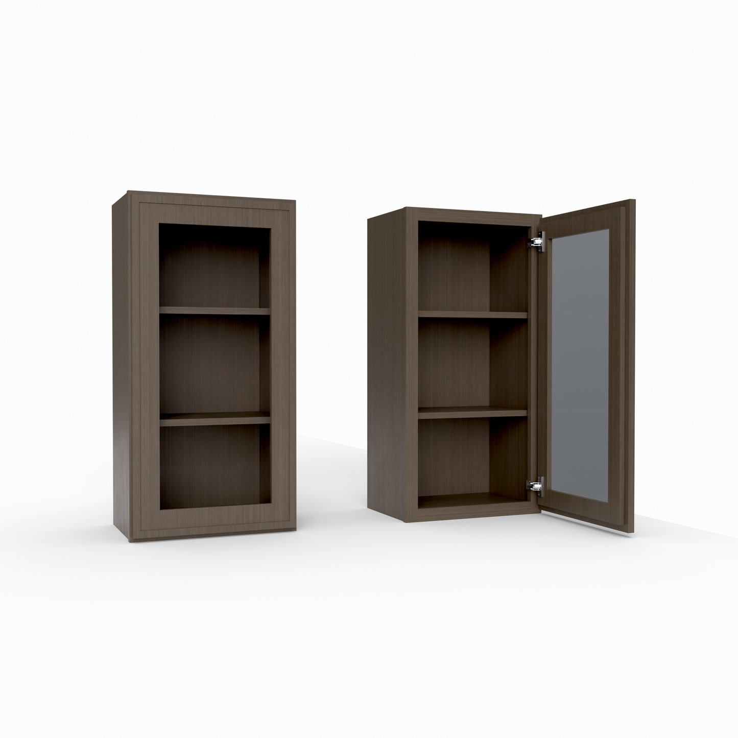 Two brown cabinets, one with a door open on a white background