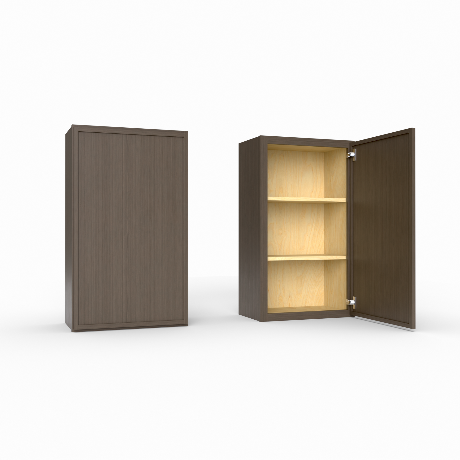 Wooden cabinet with one door open on a white background