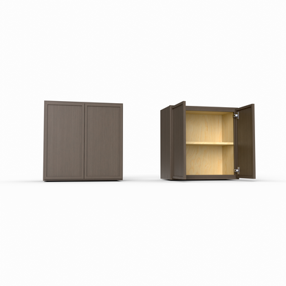 Two wooden cabinets, one closed and one open with a light interior, on a white background.
