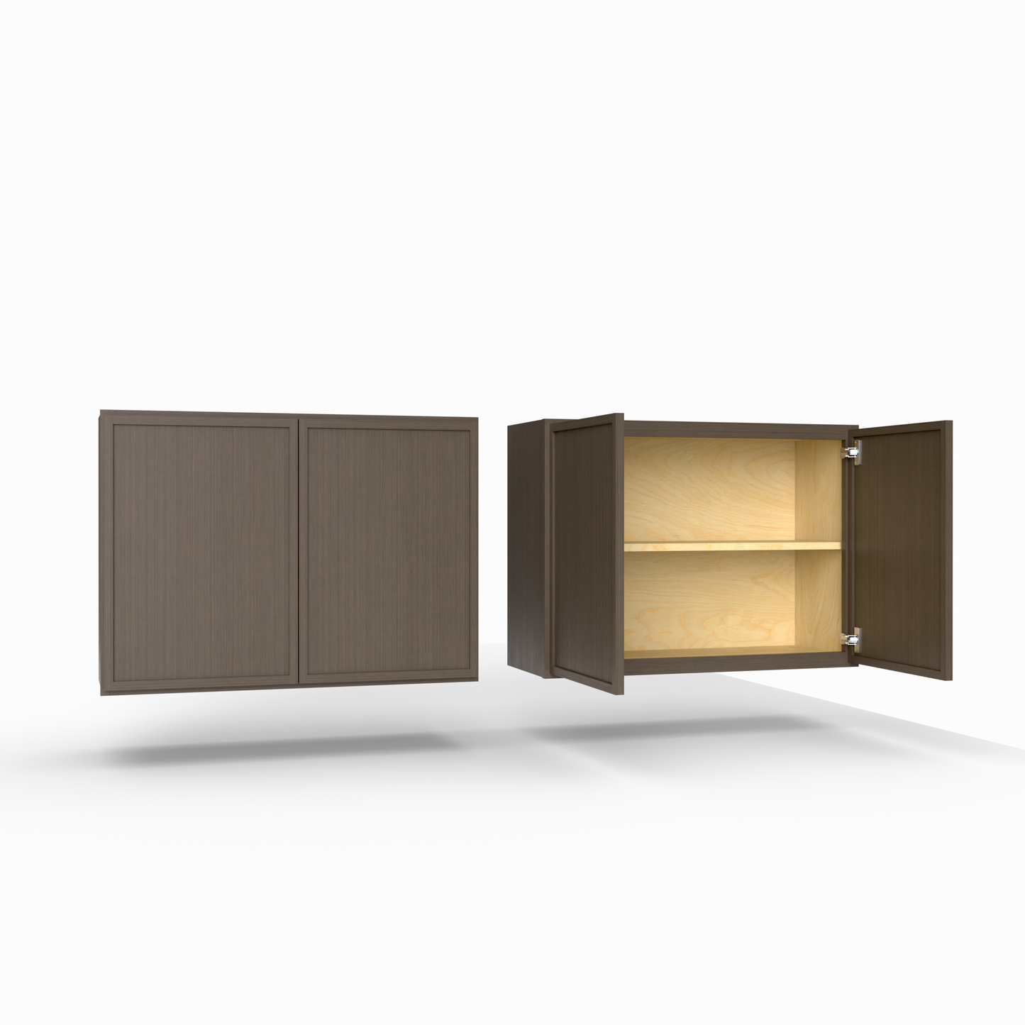 Brown cabinet with open door on a white background