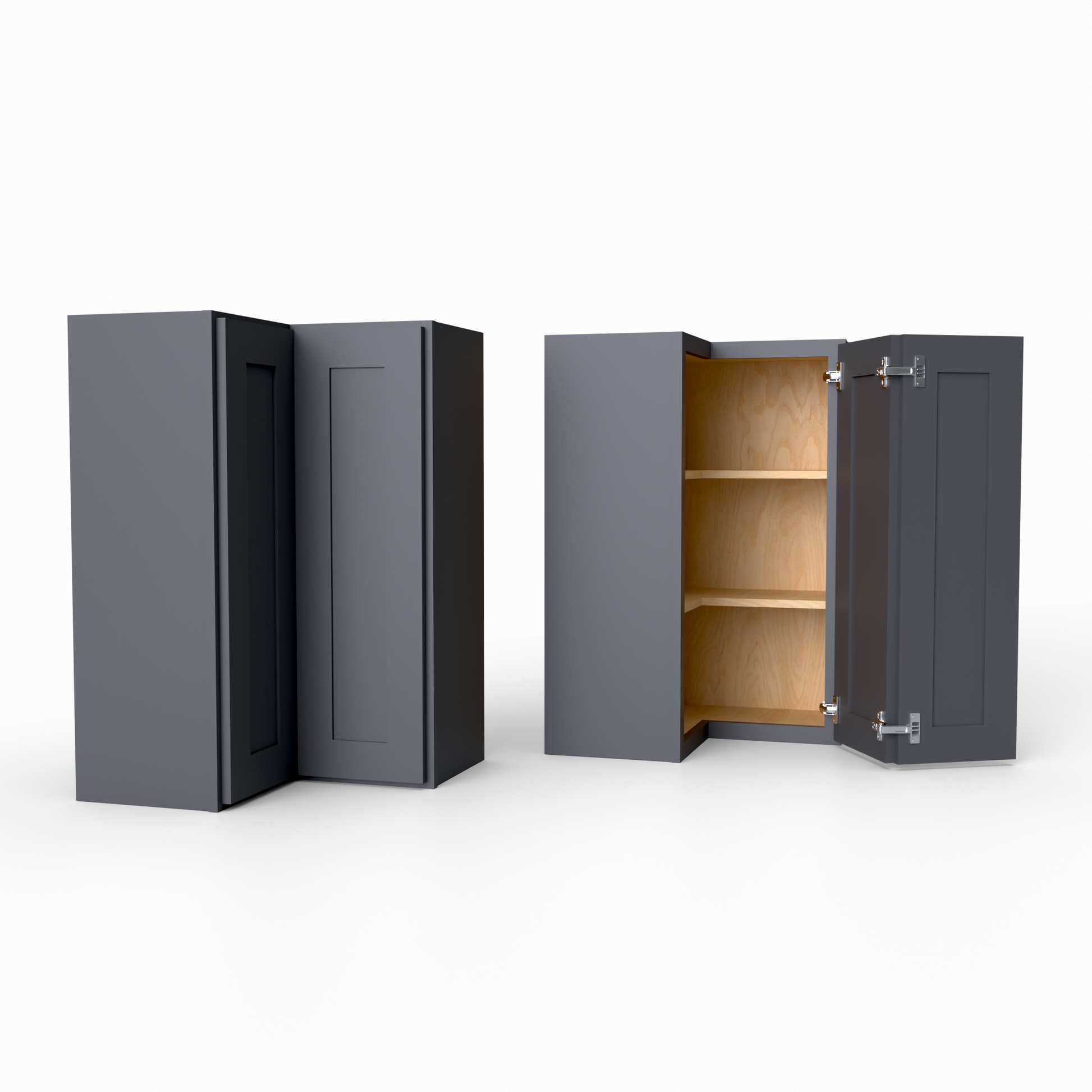 black storage cabinet with one door open on a white background