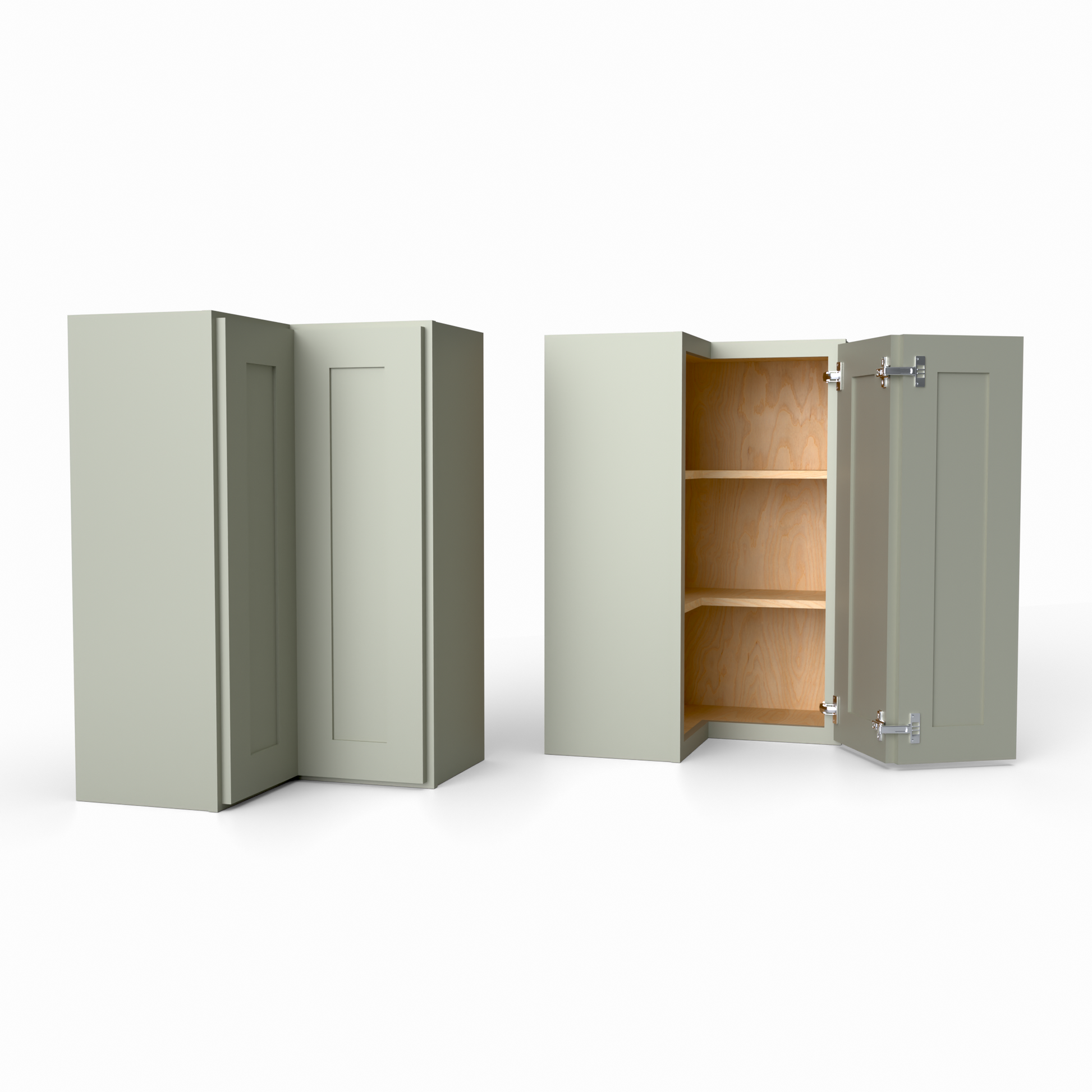 Set of three beige corner cabinets on a white background