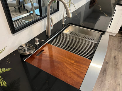 Workstation Ledge Farm / Apron Sink 16 Gauge Stainless Steel Square Drain Single Bowl Includes 10 Accessories brushed stainless steel 
