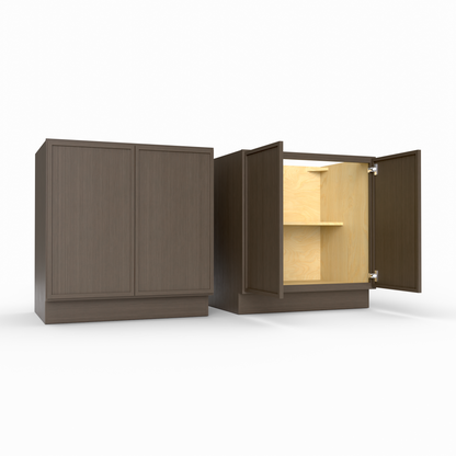 Wooden cabinet with open doors on a white background
