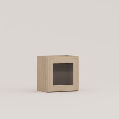 glass door slim frame shaker wall cabinet rift cut white oak