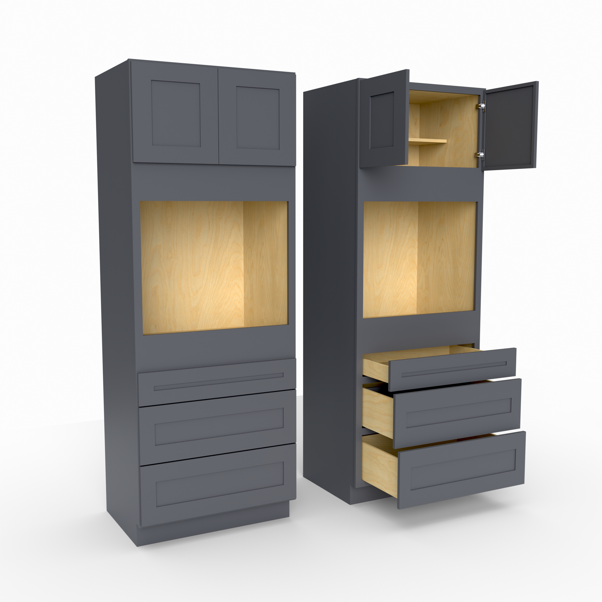 black oven storage unit with open doors and drawers on a white background