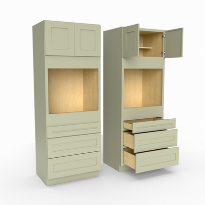 sage storage cabinet with open doors and drawers on a white background
