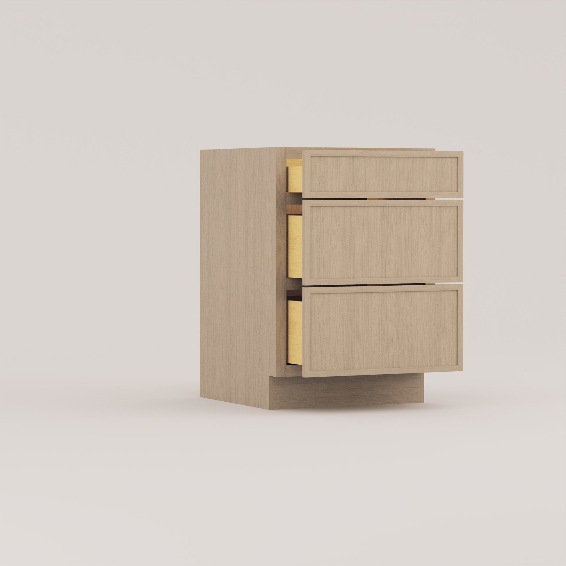 three drawer base slim frame shaker cabinet rift cut white oak