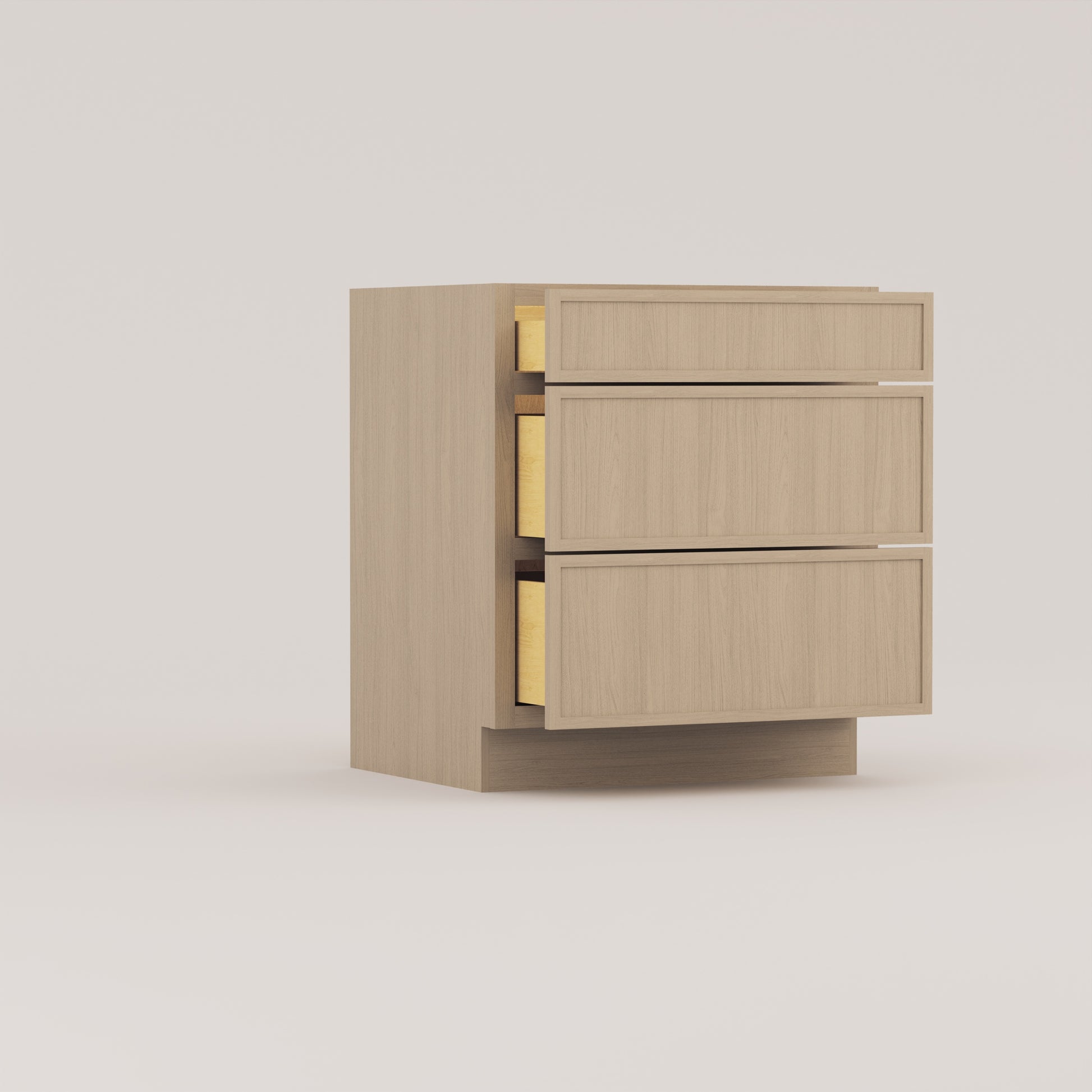 three drawer base slim frame shaker cabinet rift cut white oak