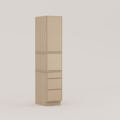 three drawer pantry utility tall cabinet slim frame shaker rift cut white oak