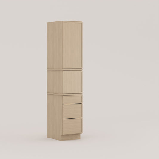 three drawer pantry utility tall cabinet slim frame shaker rift cut white oak