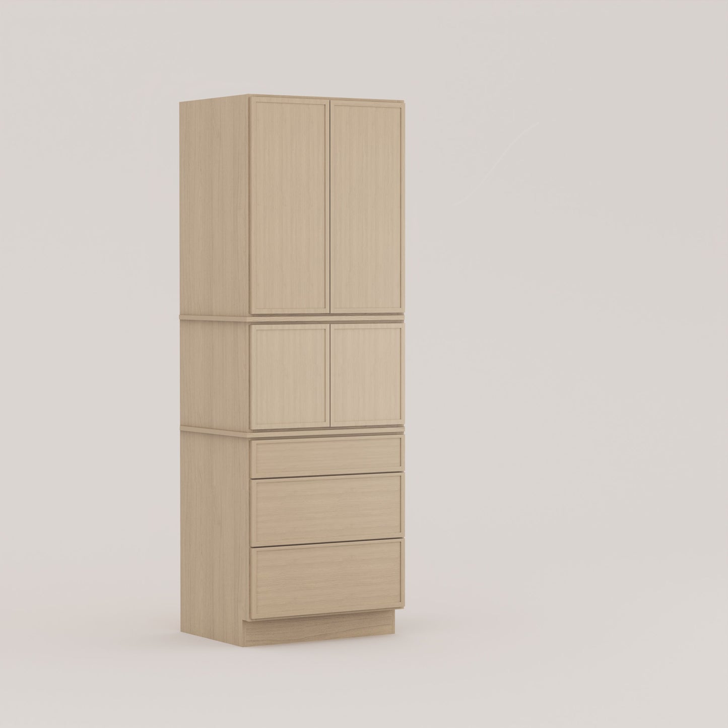 three drawer pantry utility tall cabinet slim frame shaker rift cut white oak