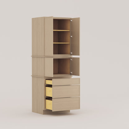 three drawer pantry utility tall cabinet slim frame shaker rift cut white oak