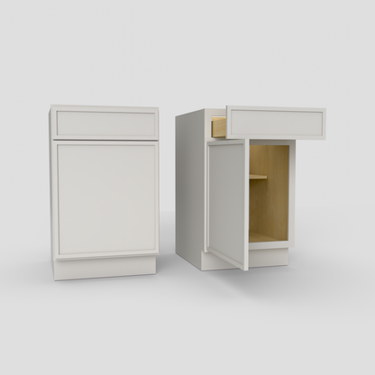 Wooden cabinet with open and closed doors on a white background