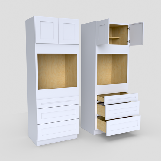 White oven cabinet with wooden interior on a light gray background