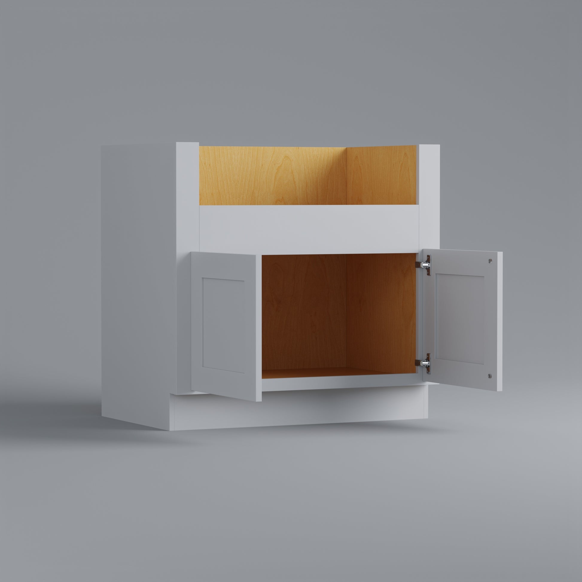 farm apron sink shaker cabinet white open